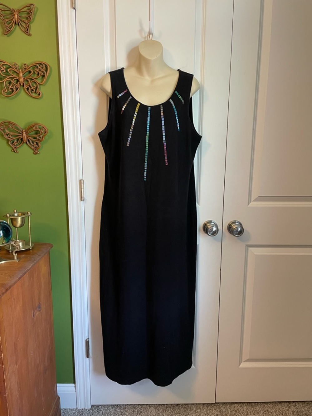 Vintage Richard Rainbow Bib Beaded Maxi Sleeveless Black Dress XL